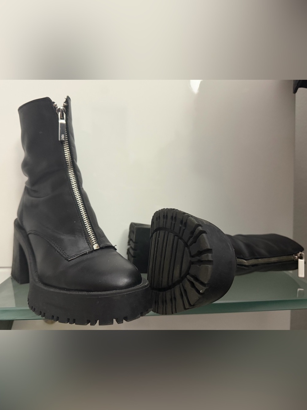 Zara Black Front-Zip Lug Sole Heeled Combat Boots